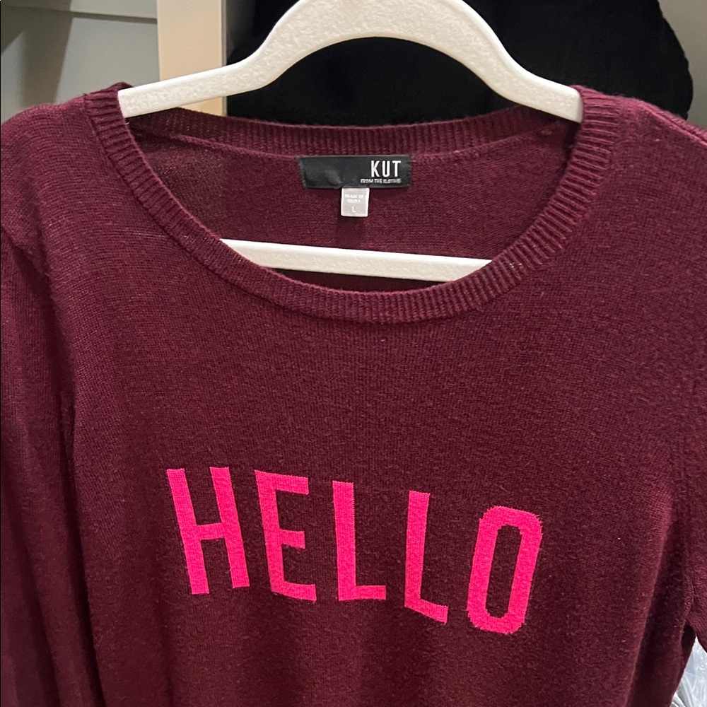 Kut from the Kloth Burgundy Sweater with Pink Hello Design